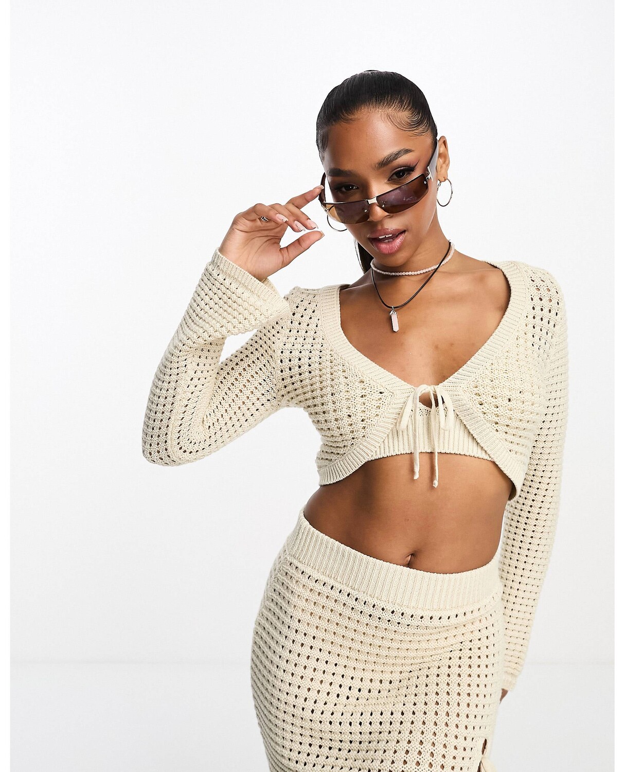 

Кремовый укороченный кардиган крючком ASOS DESIGN co-ord