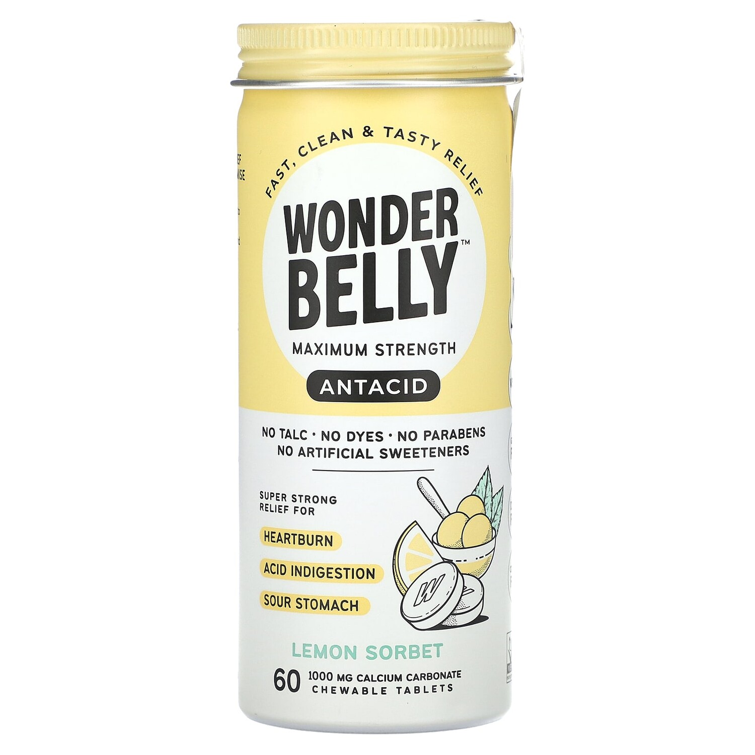 

Антацид, лимонный сорбет, 60 жевательных таблеток, Wonderbelly