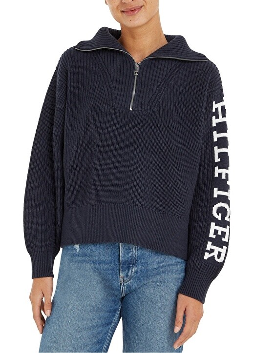 

Женский синий свитер с воротником-молнией и обычным принтом Tommy Hilfiger