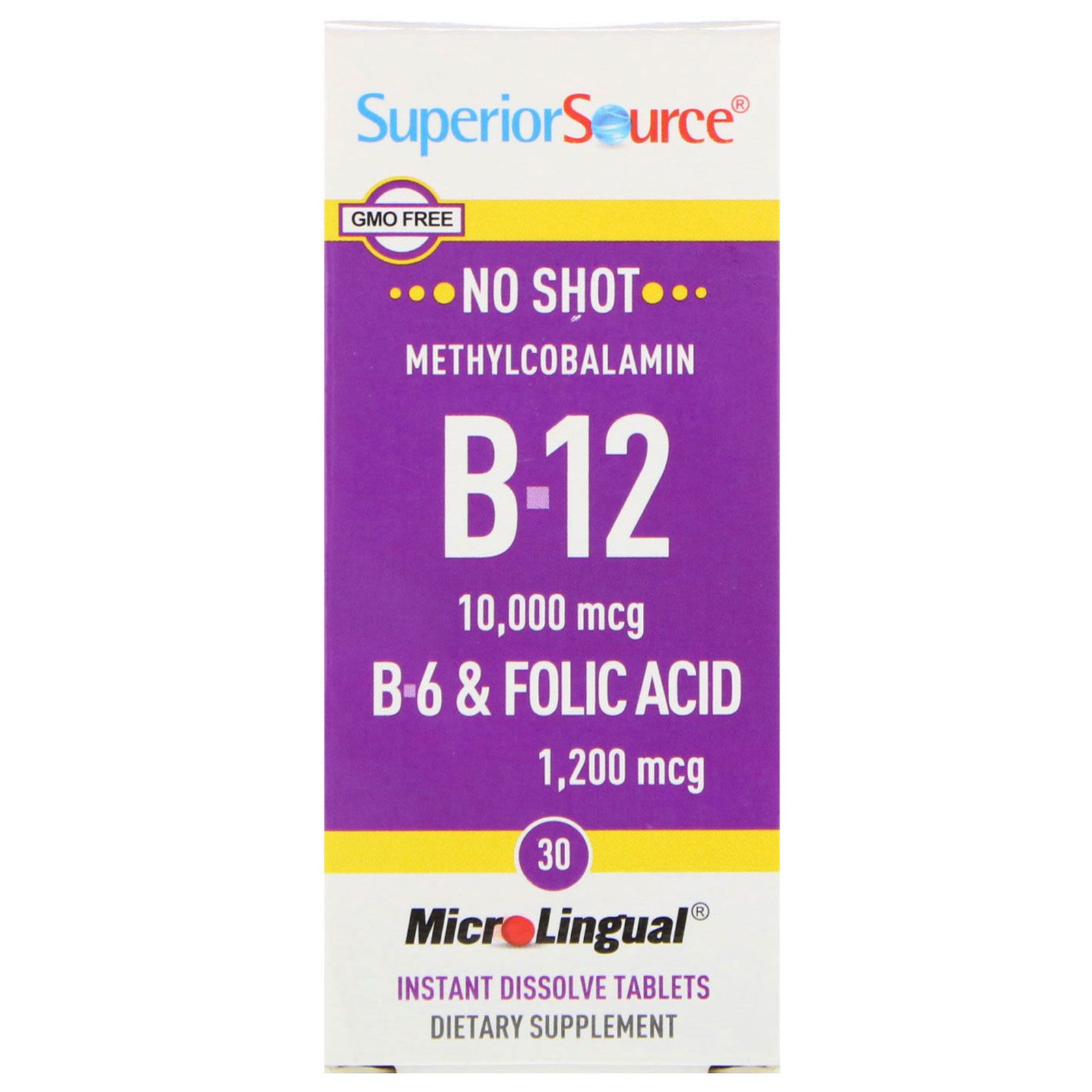 Superior Source B-12 10000 мкг / B-6 и фолиевая кислота 1200 мкг 30 микролингвальных быстрорастворимых таблеток superior source метилкобаламин b 12 1000 мкг b 6 и фолиевая кислота 800 мкг microlingual 60 таблеток