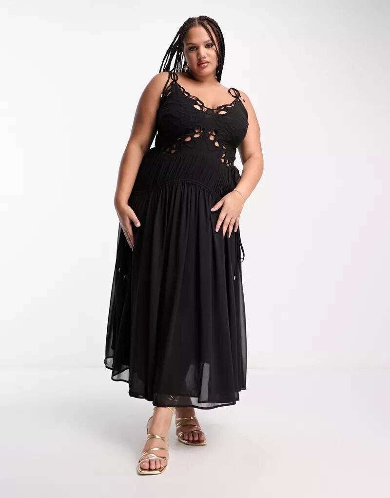 

Черное платье макси с бретельками на бретелях ASOS DESIGN Curve с кружевной отделкой и кулиской на талии