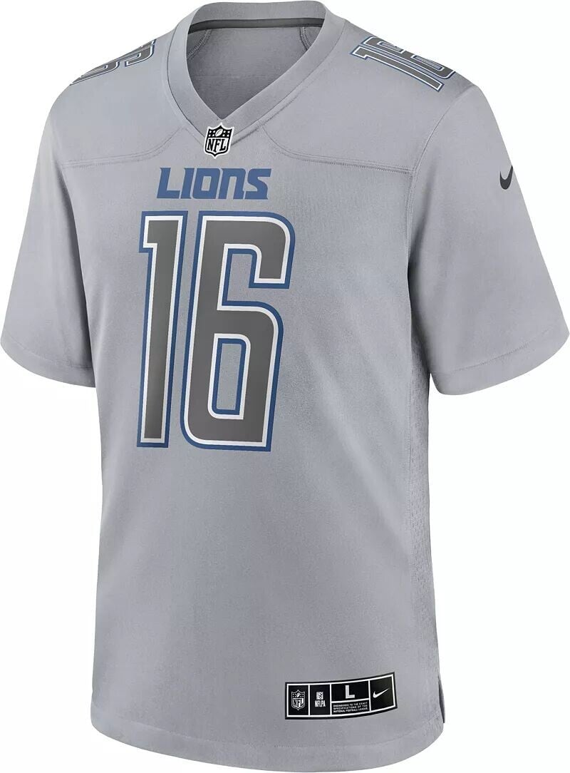 

Мужское джерси Nike Detroit Lions Jared Goff #16 Atmosphere Grey Game