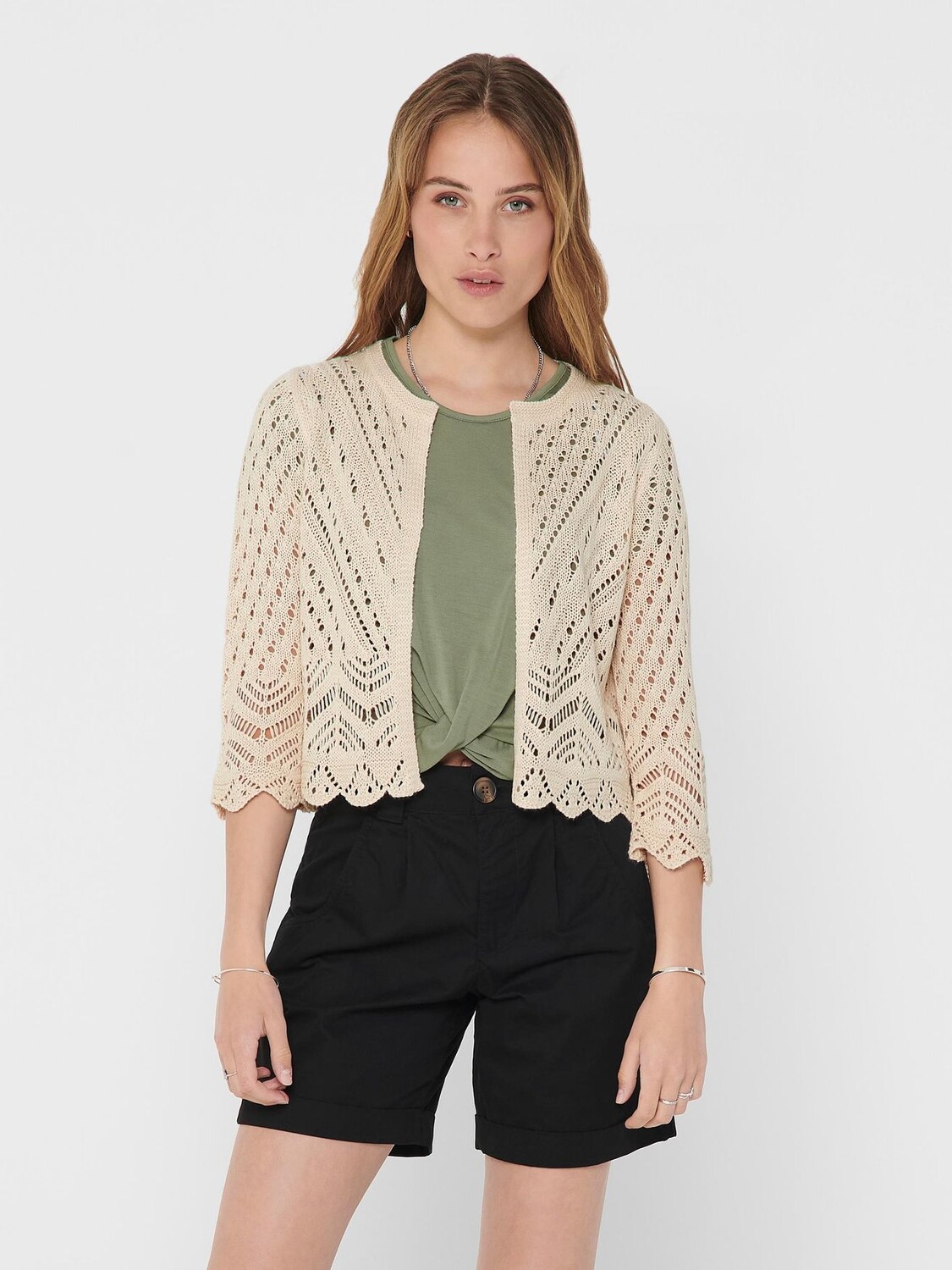 

Кардиган JACQUELINE de YONG Kurze Struktur Strickjacke 3/4 Arm Häkelspitze JDYSUN, бежевый