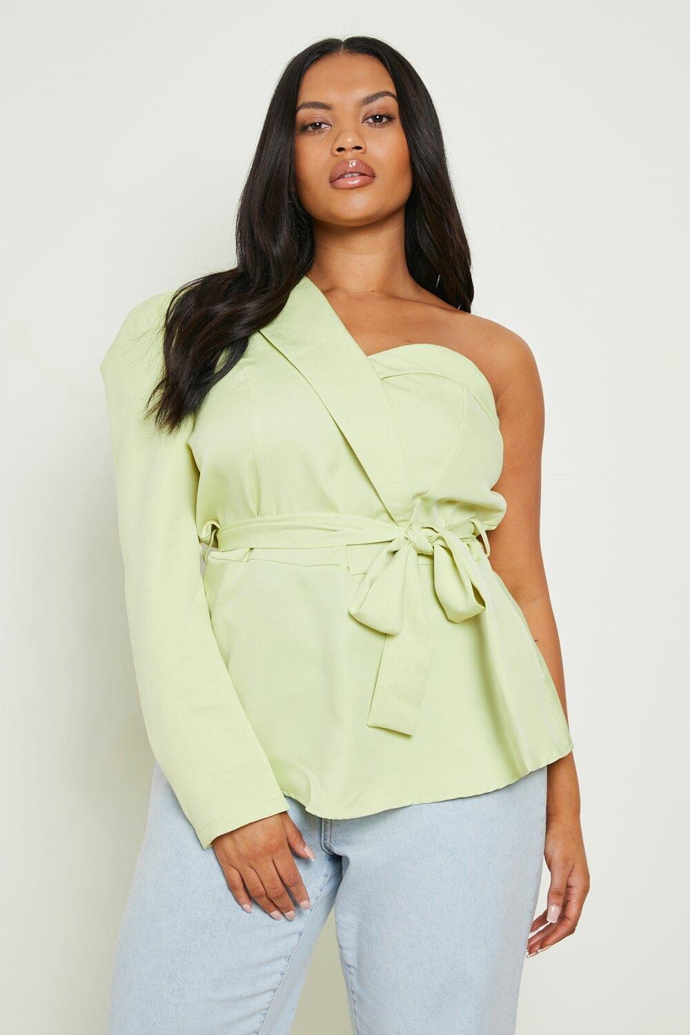 

Топ plus одно плечо с запахом и рукавами на одно плече Boohoo, лаймовый