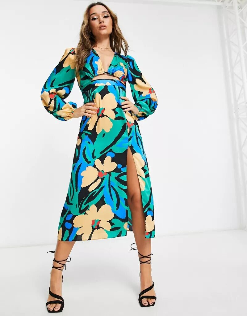 

Атласное платье миди ASOS с ярким абстрактным принтом и деталью выреза