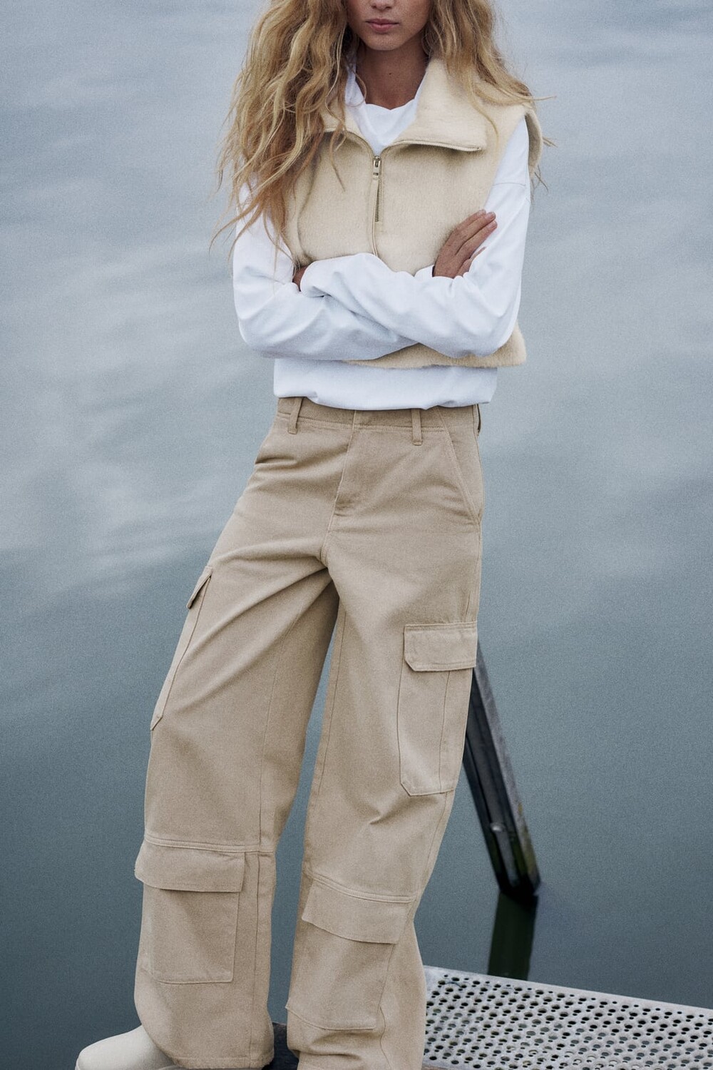

Брюки карго trf ZARA, песочный, Бежевый