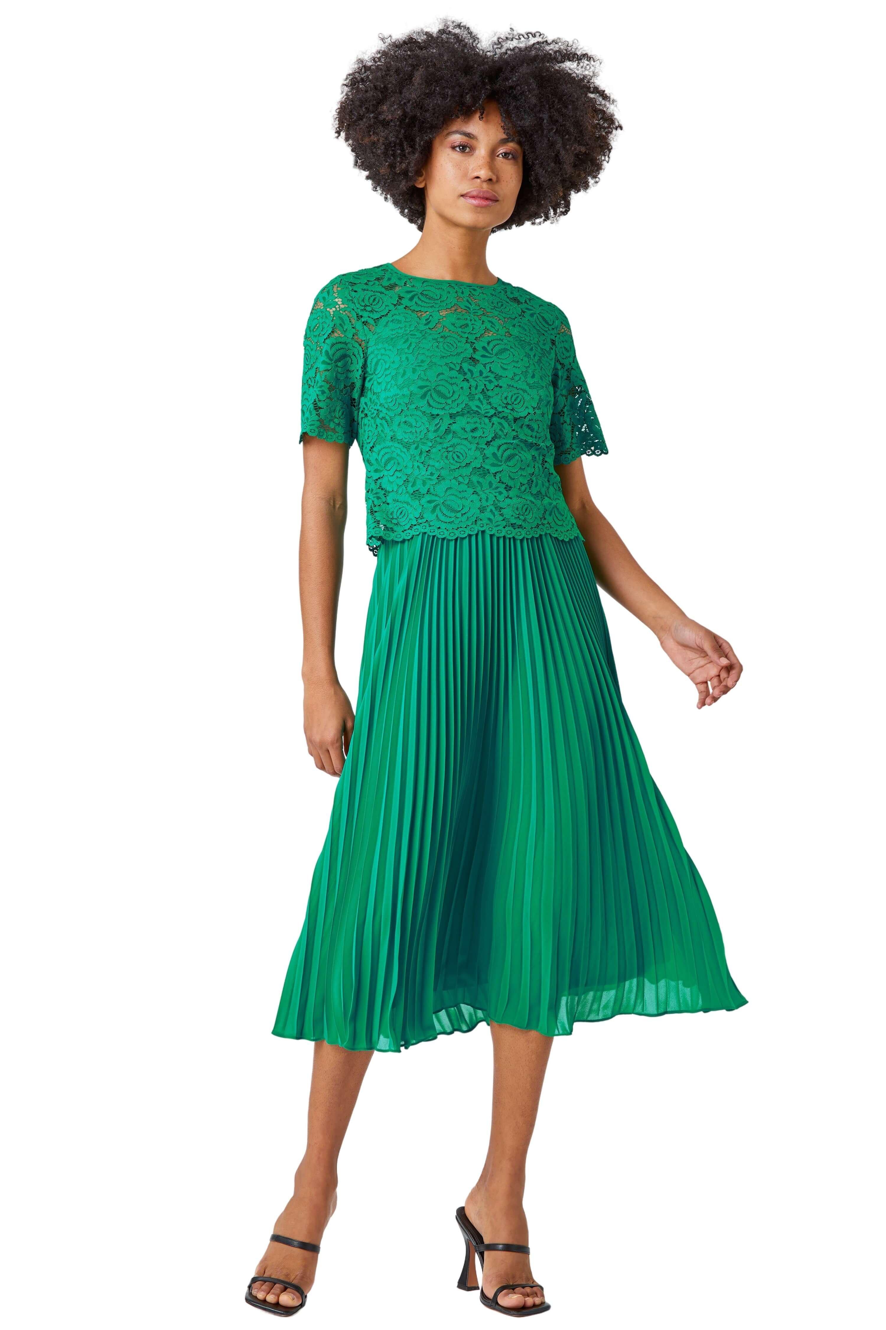 цена Плиссированное платье миди с кружевным верхом Roman, зеленый
