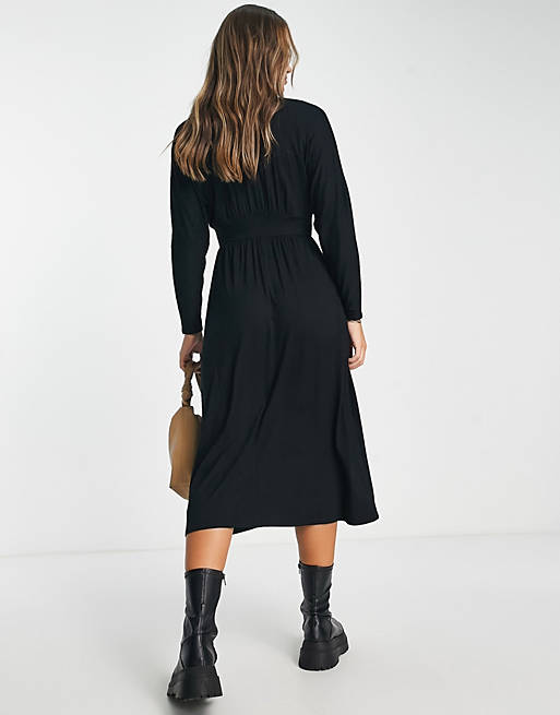 Черное чайное платье миди с длинными рукавами и пуговицами ASOS DESIGN сине черное платье миди с длинными рукавами asos design