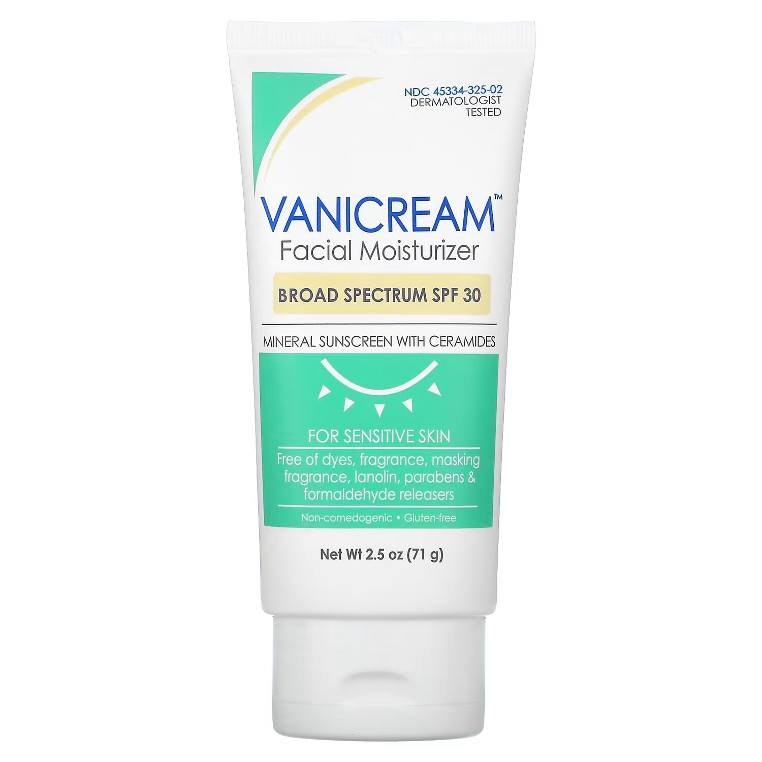 Солнцезащитный крем для лица Vanicream SPF 30 с керамидами, 71 г vanicream увлажняющее средство для лица минеральное солнцезащитное средство с керамидами для чувствительной кожи spf 30 71 г 2 5 унции