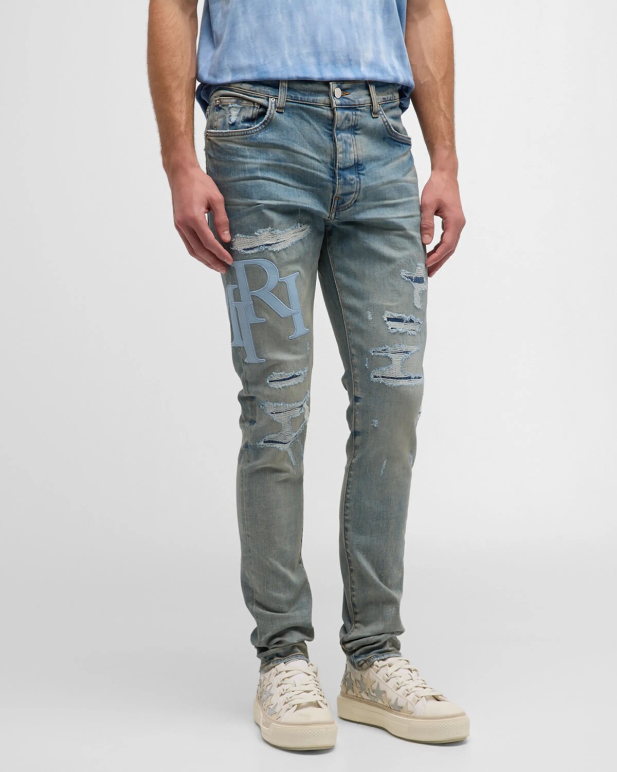 

Мужские джинсы скинни с шахматным логотипом Amiri, цвет Clay Indigo