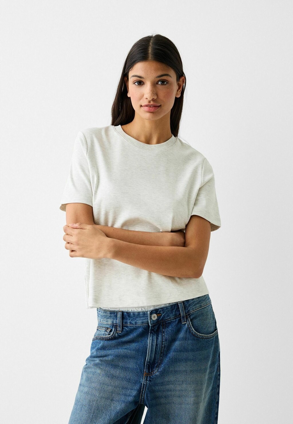 

Футболка базовая SHORT SLEEVE Bershka, цвет mottled light grey