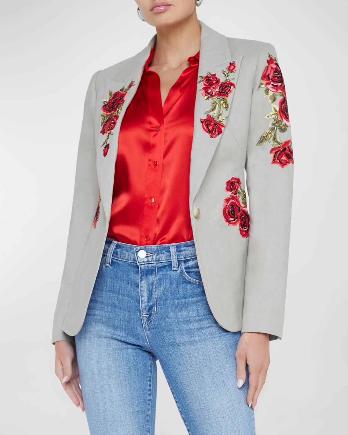 

Льняной блейзер Clementine Crystal Rose L'Agence, цвет Taupe Grey Multi