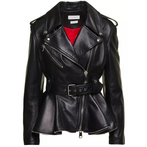 

Куртка biker jacket with peplum hem and belt in smo Alexander Mcqueen, черный