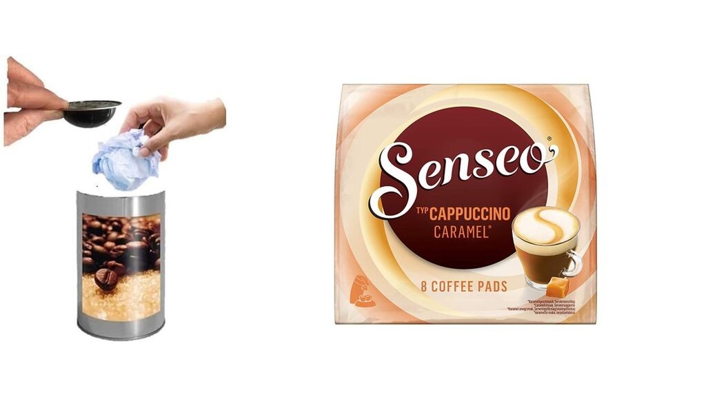 

Подушечка для кофе Senseo, CAPPUCCINO CARAMEL, гармоничная, с кофеином + настольное мусорное ведро без крышки с Ø 8,5 x 9 см, настольное мусорное ведро 0,5 литра Wak Innovation