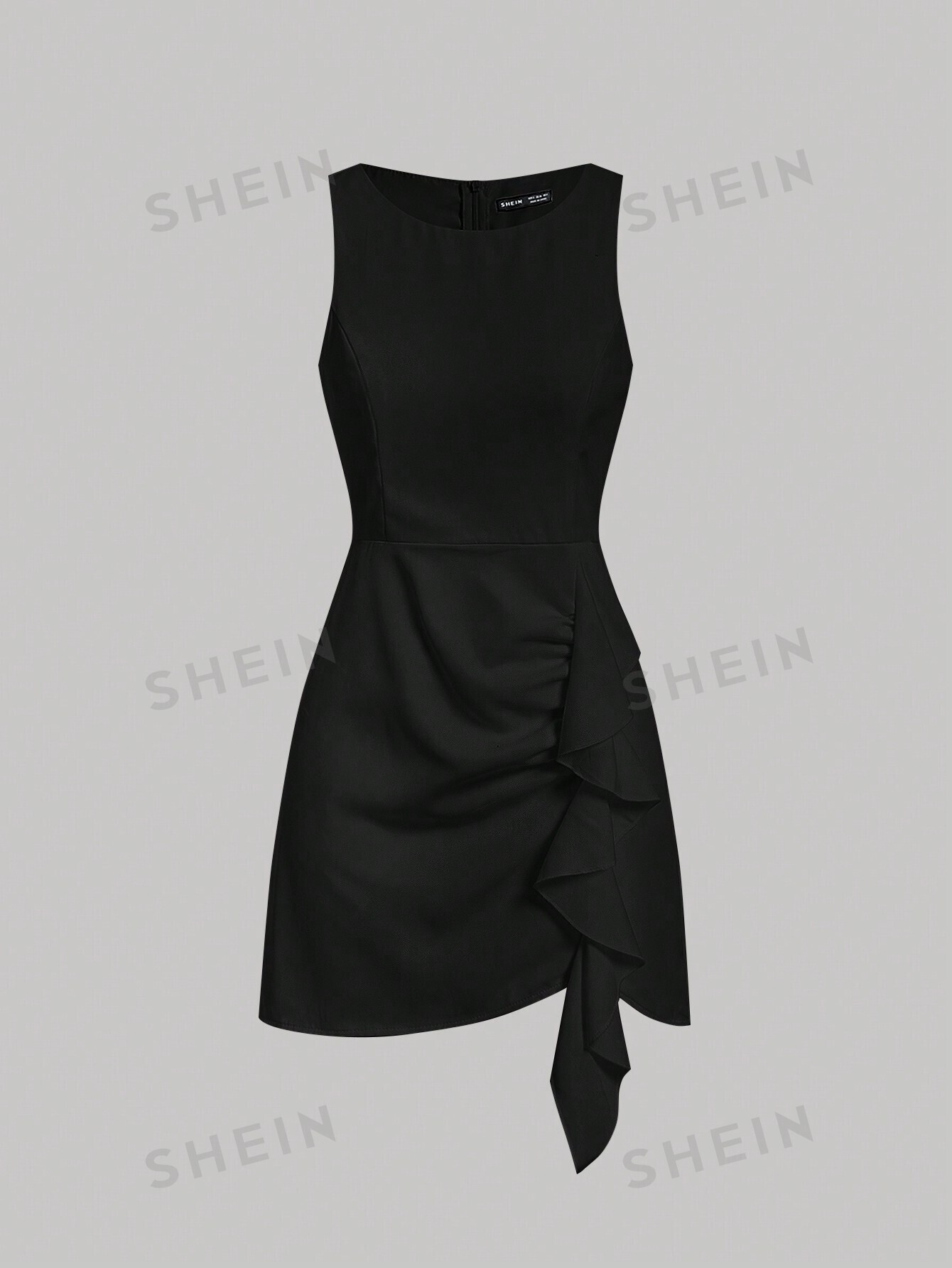 SHEIN MOD однотонное платье-жилет без рукавов с бретелькой на шее и рюшами, черный фотографии