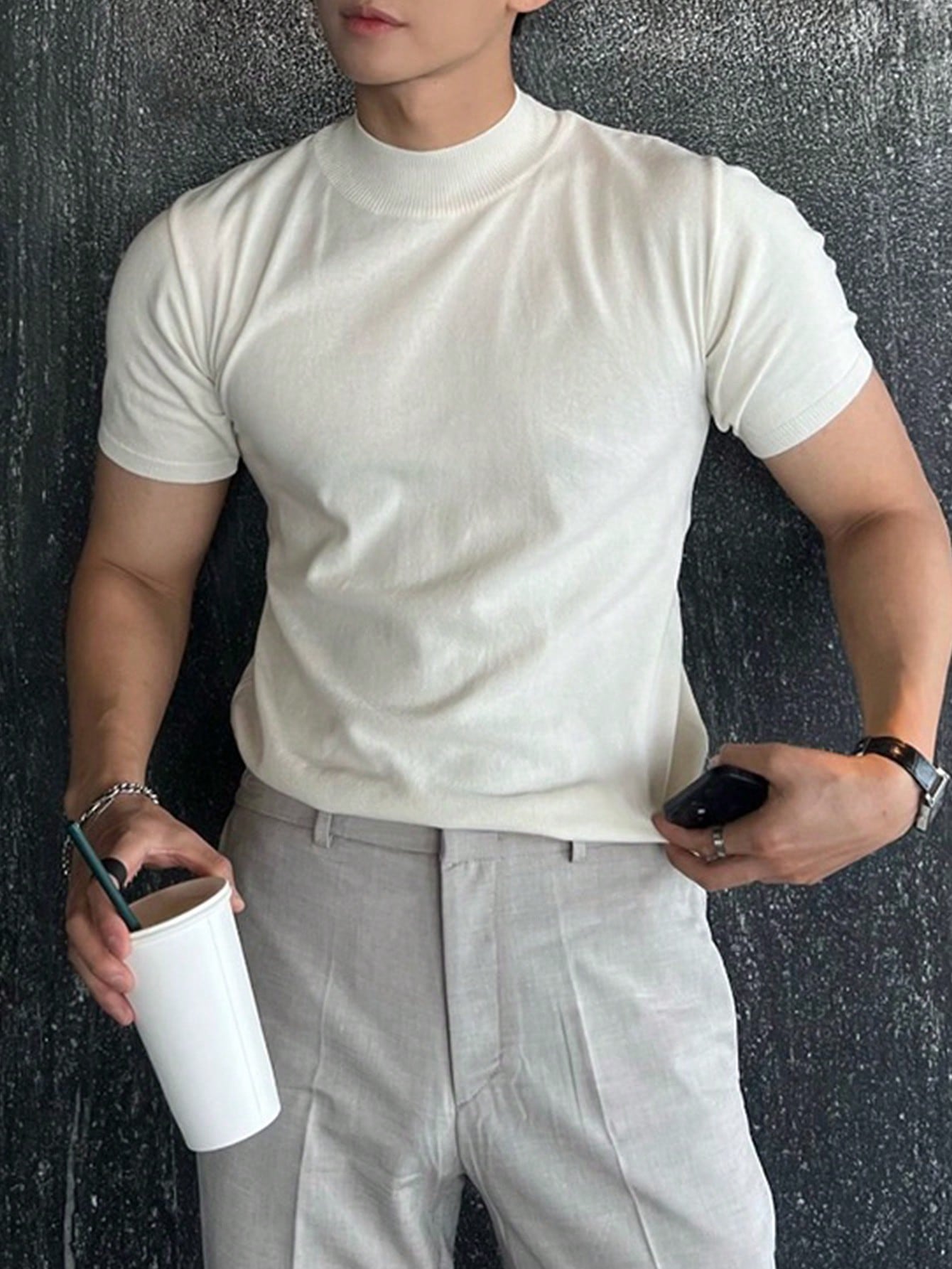 DAZY Мужская однотонная трикотажная рубашка с короткими рукавами и воротником-стойкой, белый