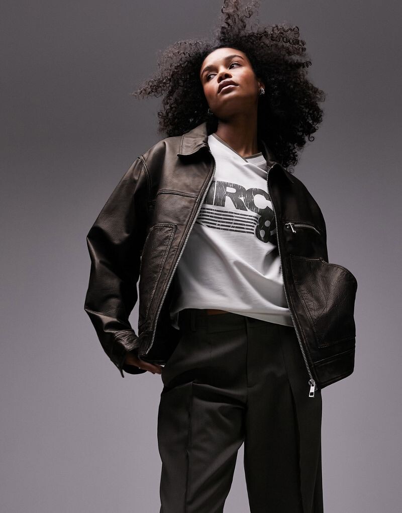 

Topshop Premium – Коричневая куртка из натуральной кожи с эффектом потертости