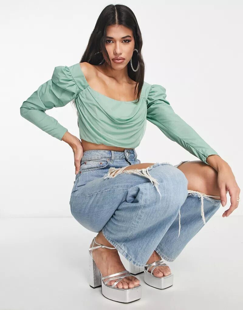 

Зеленый топ с длинными рукавами, пышными рукавами и корсетом ASOS