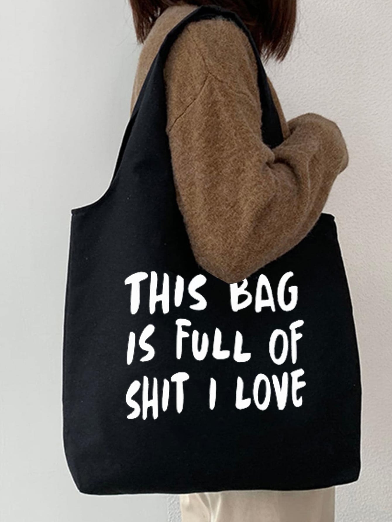 цена 1 шт. черная модная холщовая сумка с буквенным принтом в простом стиле идеально подходит для женщин для повседневного использования, черный