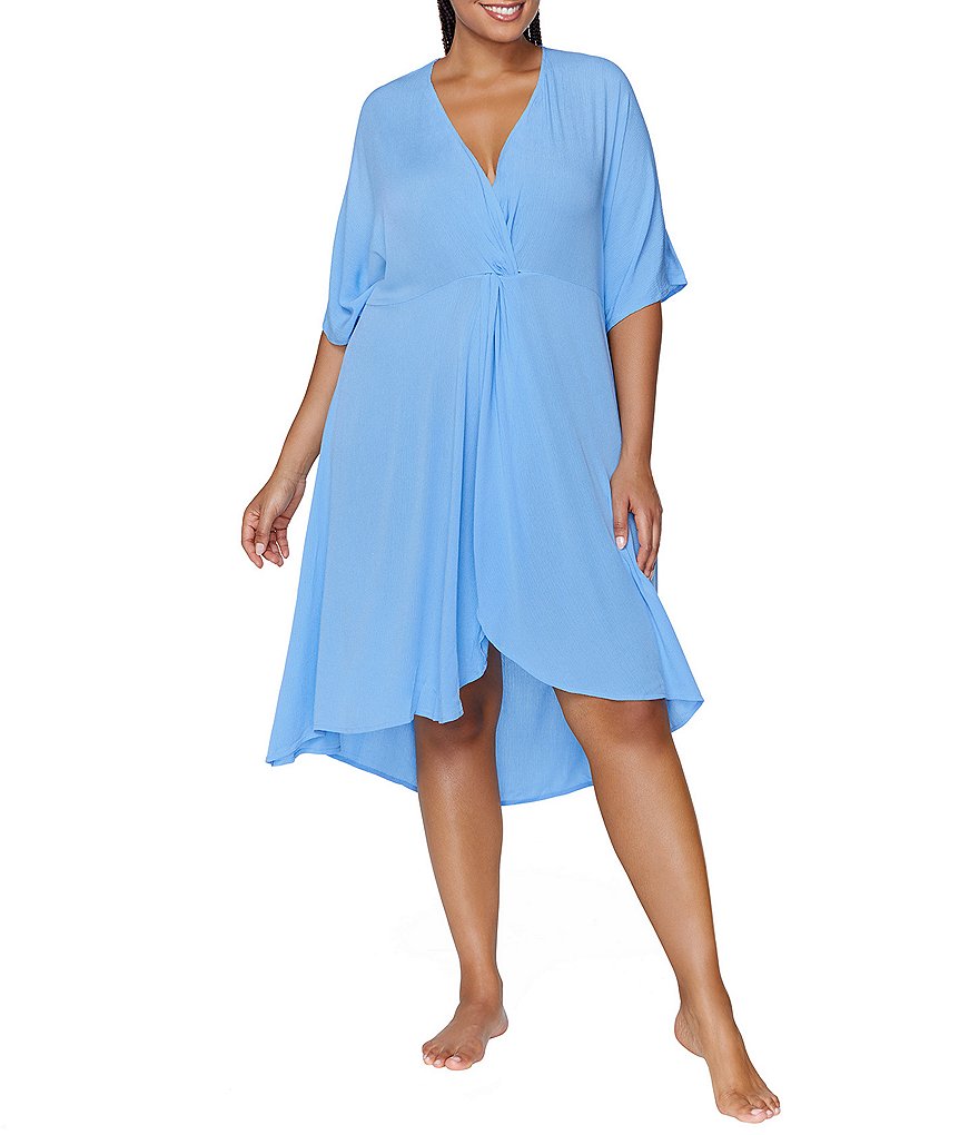 Raisins Curve Plus Размер Paraiso Однотонное драпированное прикрытое платье с v-образным вырезом и низким подолом, синий