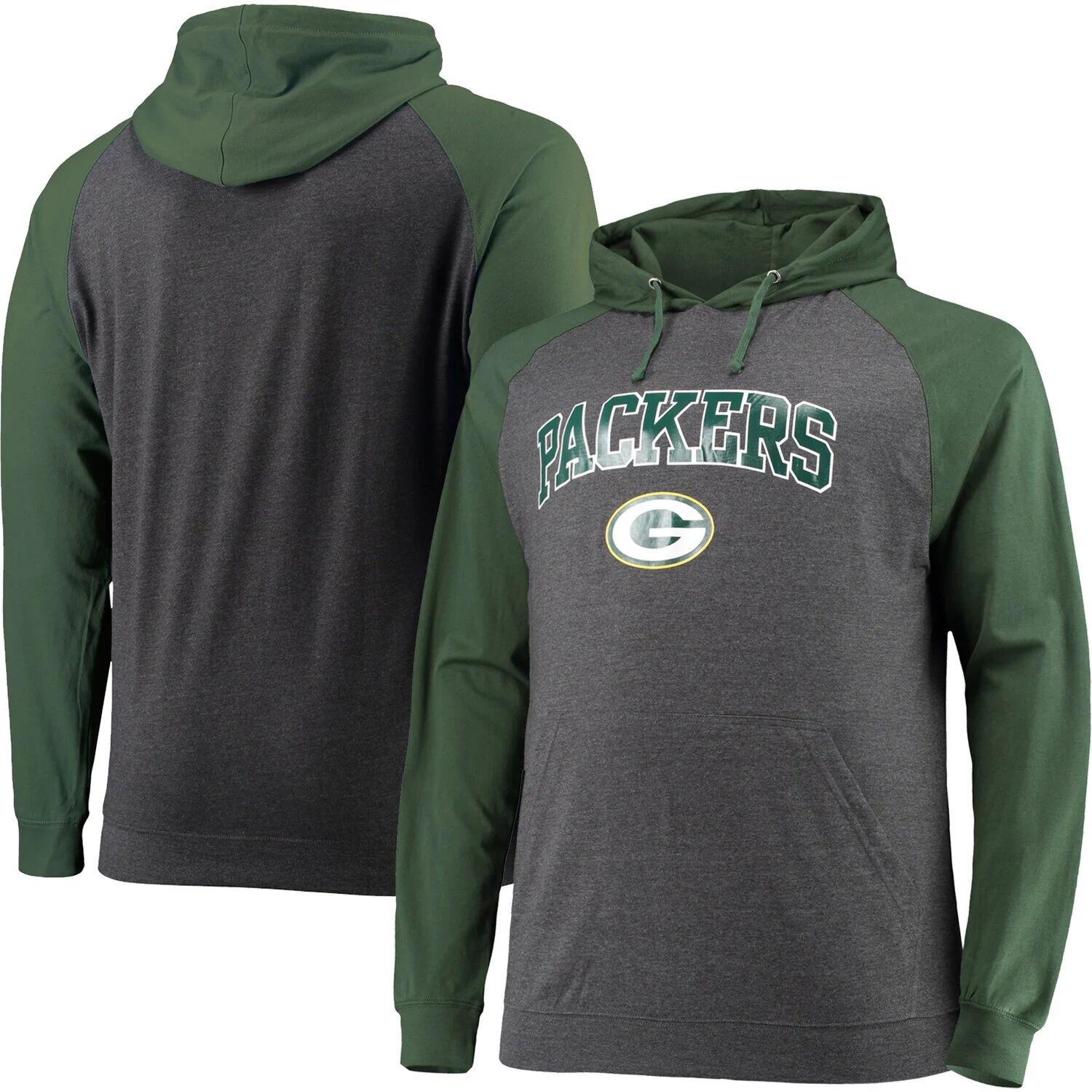 

Мужской фирменный зеленый/темно-угольный пуловер Green Bay Packers Big & Tall с капюшоном и легким пуловером реглан Fanatics