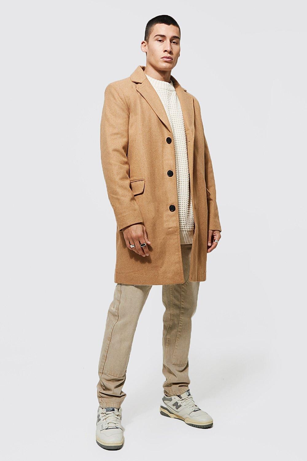 

Однобортное пальто из шерсти Boohoo, кэмел