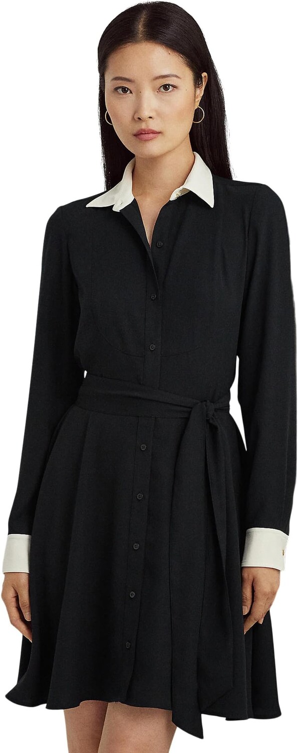 

Двухцветное платье-рубашка из жоржета с поясом LAUREN Ralph Lauren, цвет Black/Mascarpone Cream