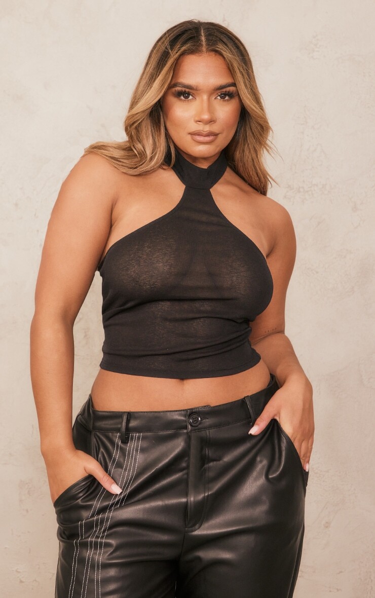 

PrettyLittleThing Укороченный топ из черной сетки с высоким воротником и лямкой на шее
