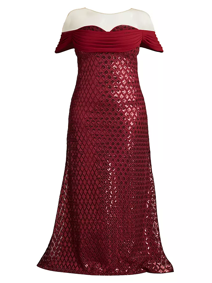 

Платье с открытыми плечами, расшитое пайетками Tadashi Shoji, цвет pomegranate