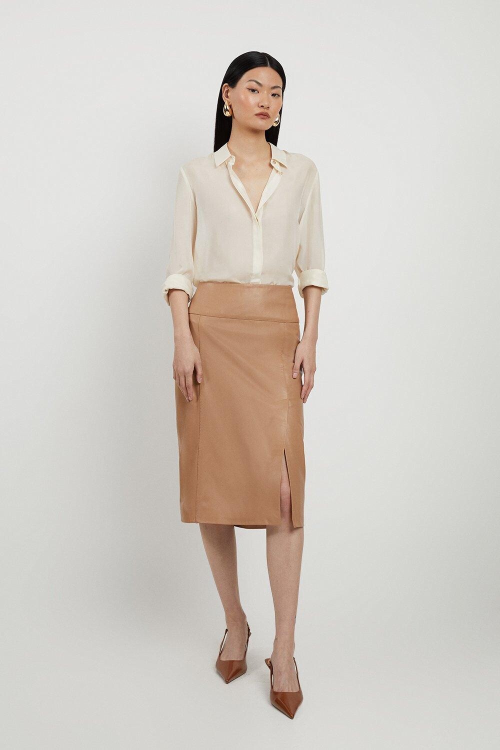 

Кожаная юбка-карандаш длиной до колена Karen Millen, коричневый