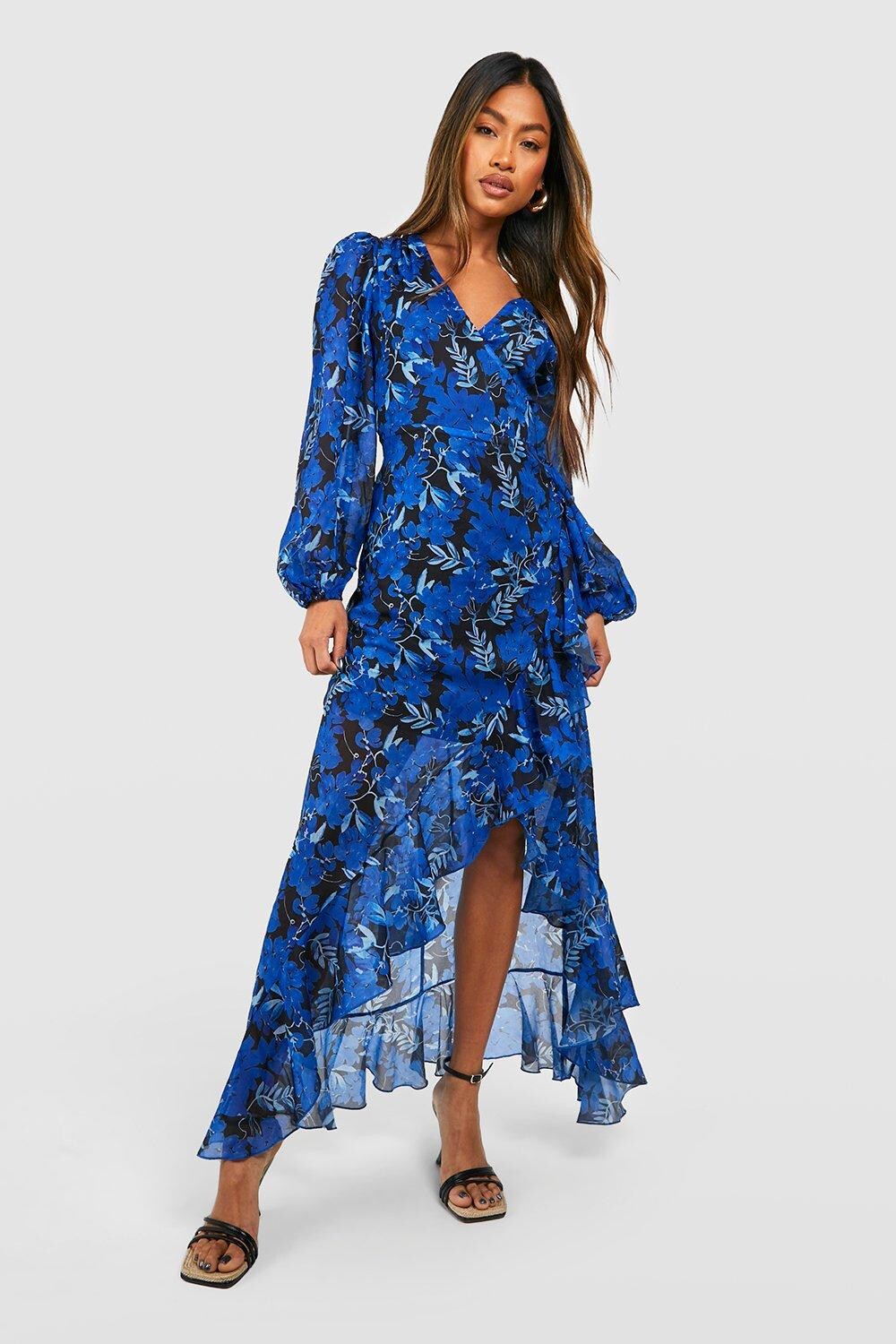 

Платье макси с цветочным шифоном и брюками Boohoo, нави