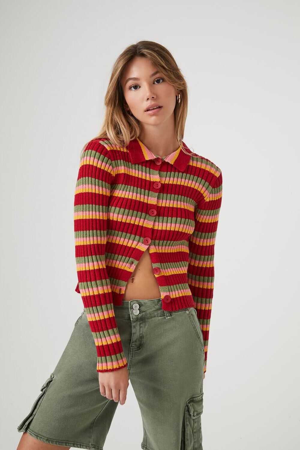 

Полосатый кардиган рельефной вязки Forever 21, красный