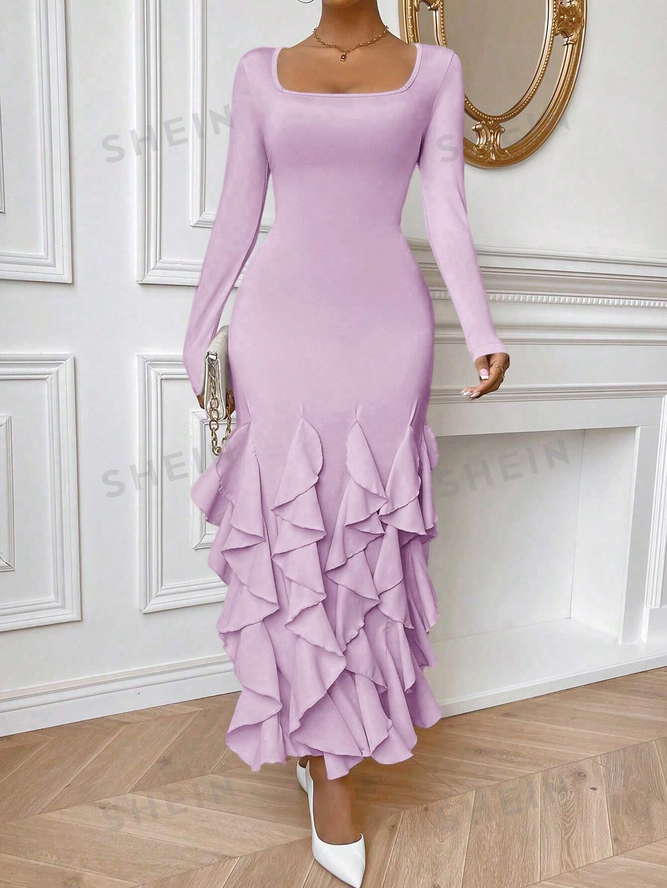 SHEIN Privé женское однотонное облегающее платье с оборками и рыбьим хвостом, сиреневый фиолетовый женское короткое платье с квадратным вырезом летнее однотонное платье в африканском стиле с оборками
