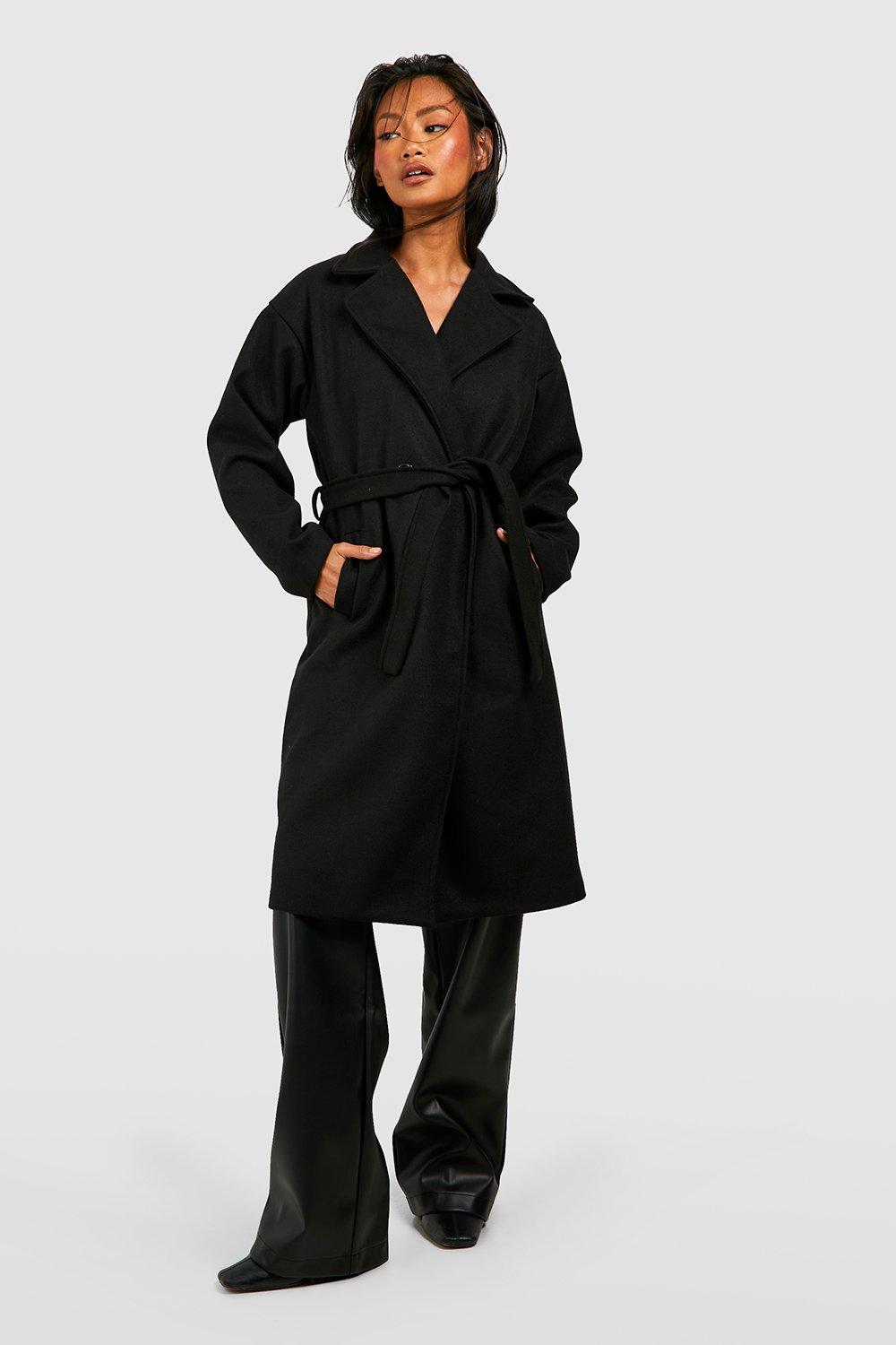 Пальто из шерсти с поясом Boohoo, черный