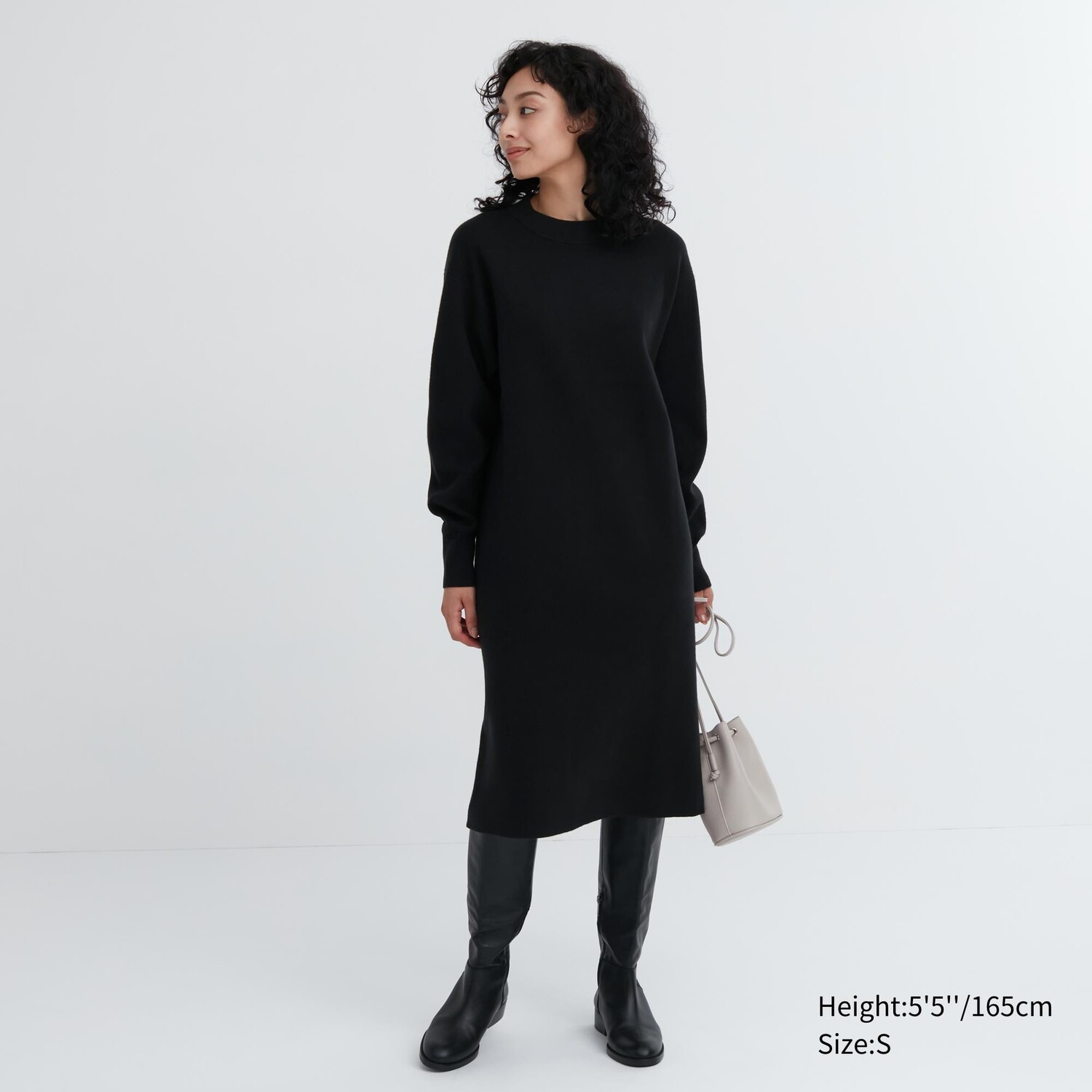 

Гладкое платье из пряжи суфле с длинными рукавами Uniqlo, черный