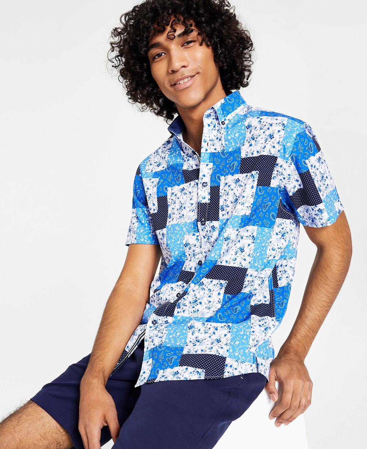 Мужская приталенная рубашка на пуговицах с короткими рукавами в стиле пэчворк с абстрактным цветочным принтом Society of Threads
