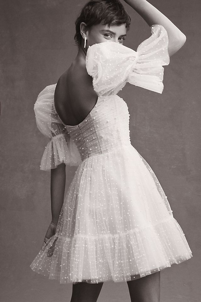 цена Мини-платье By Watters Macaron с квадратным вырезом и декором из тюля, белый