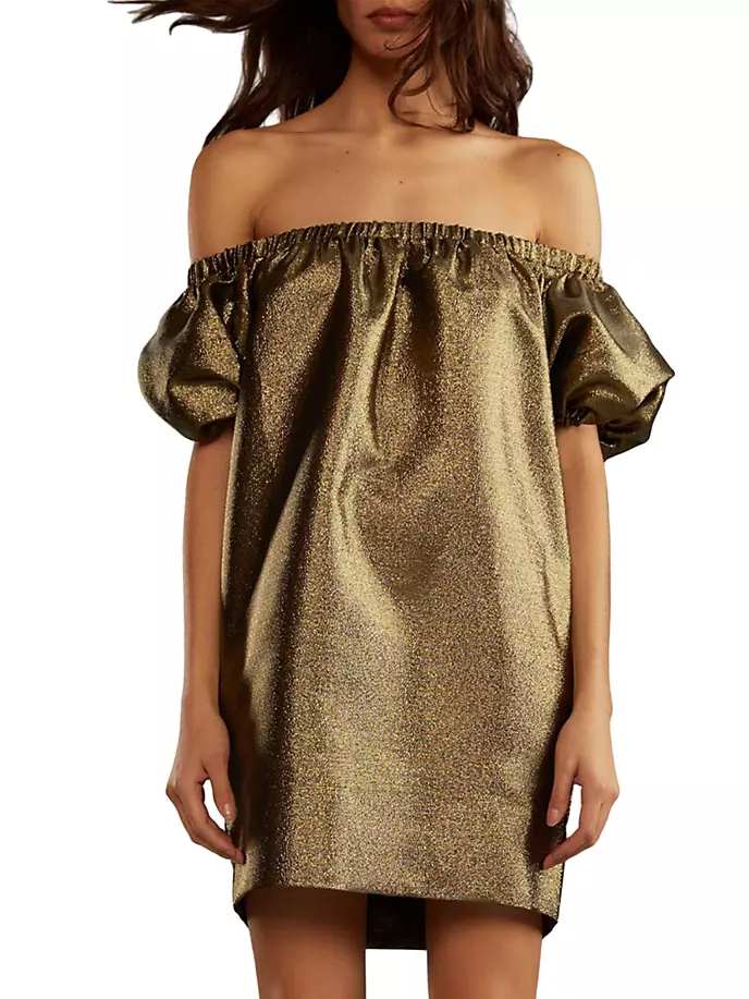 

Мини-платье металлик с открытыми плечами Cynthia Rowley, цвет black gold