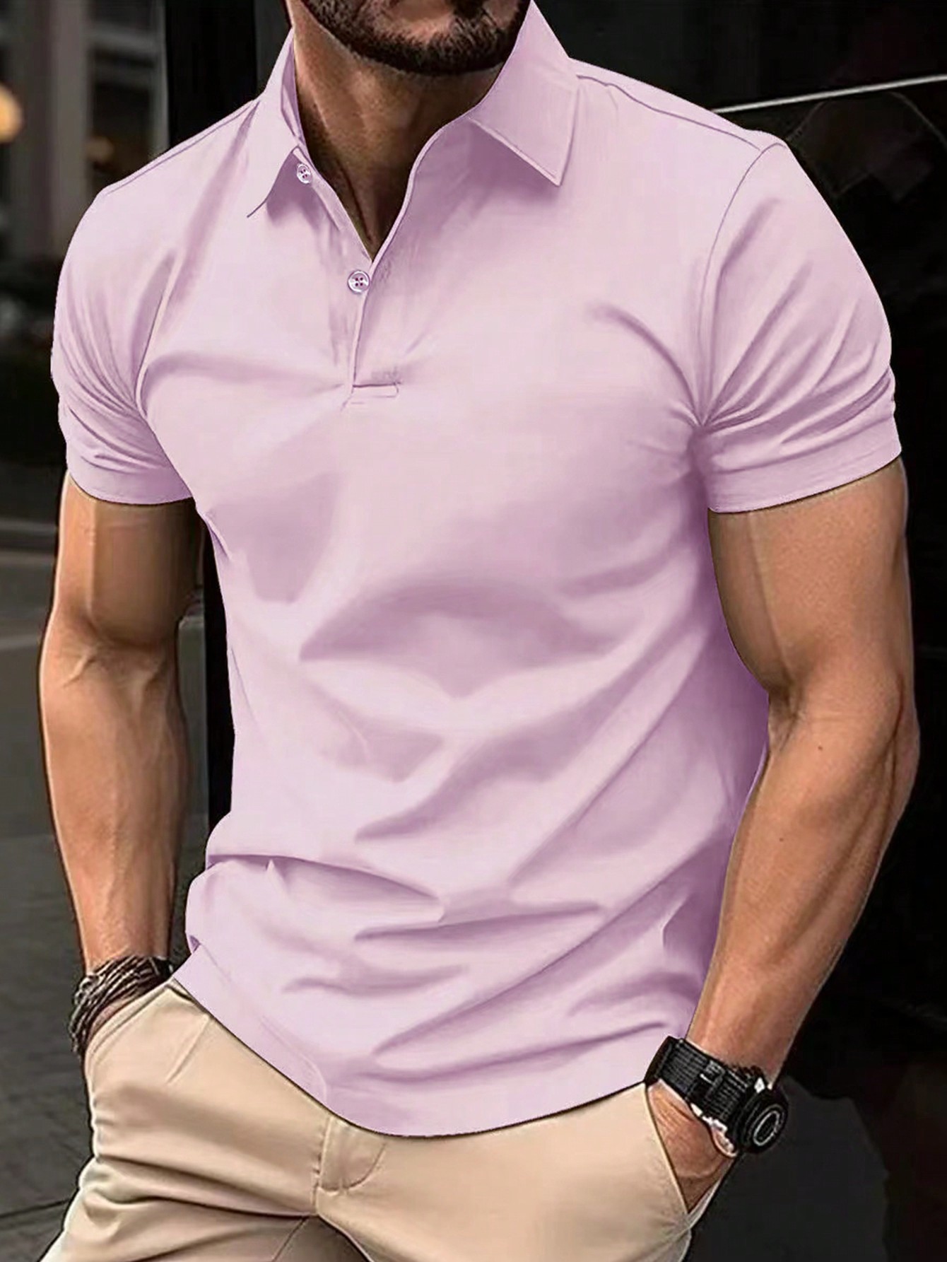 Мужская однотонная повседневная рубашка с коротким рукавом и воротником-поло, фиолетовый