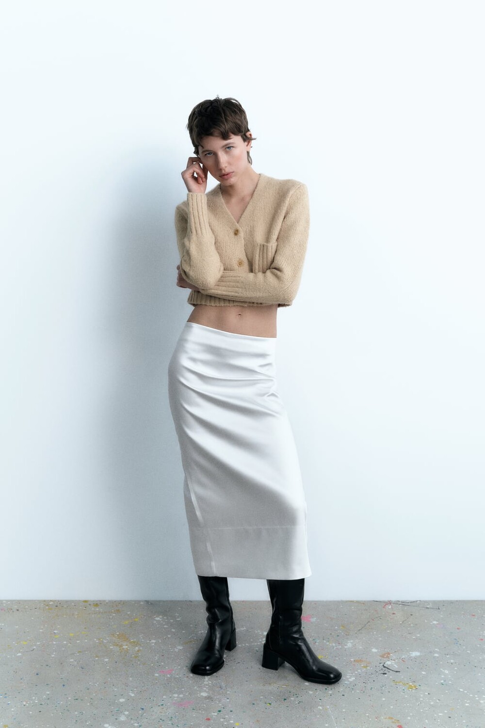 

Укороченный кардиган мягкой вязки ZARA, кэмел