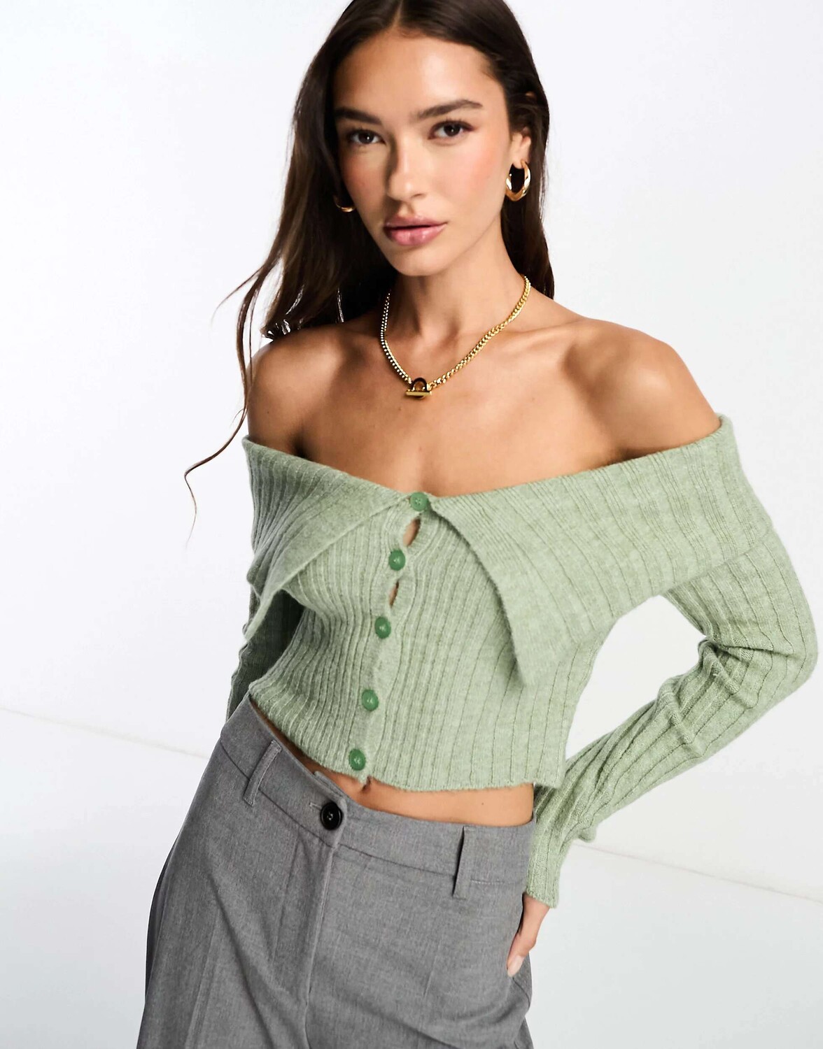 

Зеленый вязаный кардиган с открытыми плечами и пуговицами ASOS