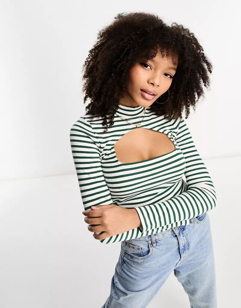 

Рубчатый топ 2 в 1 с длинными рукавами ASOS в зелено-бежевую полоску и вырезом горловины