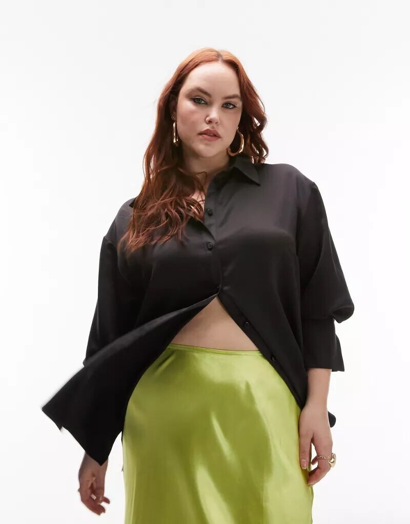 

Черная атласная рубашка оверсайз Topshop Curve, Черный, Черная атласная рубашка оверсайз Topshop Curve