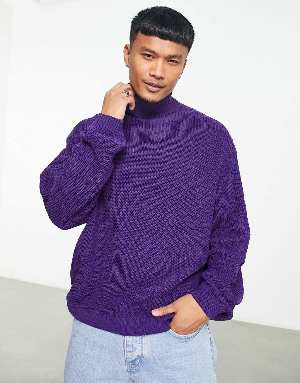

Фиолетовый объемный джемпер в рубчик с высоким воротником ASOS DESIGN