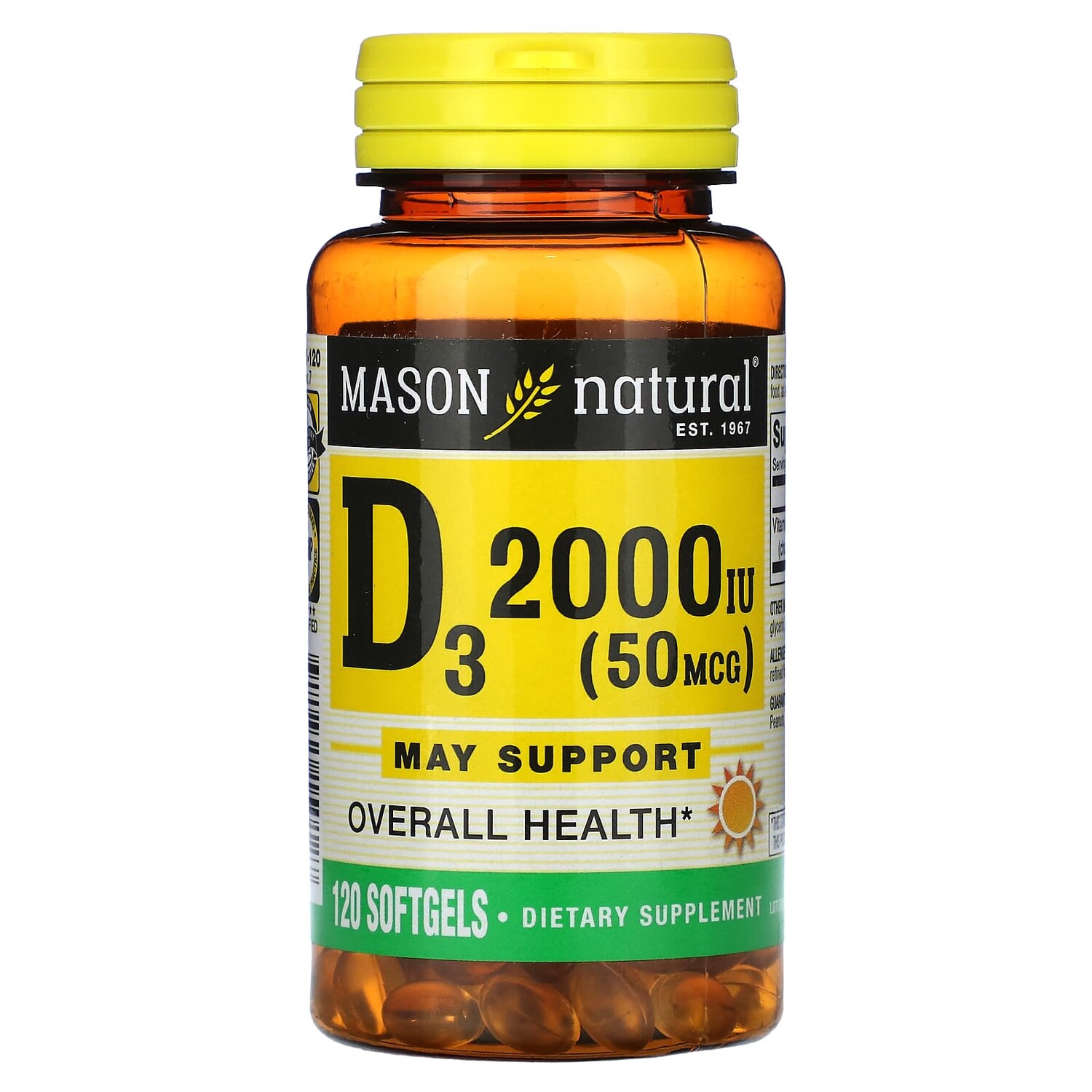 

Витамин D3, 50 мкг (2000 МЕ), 120 капсул, Mason Natural