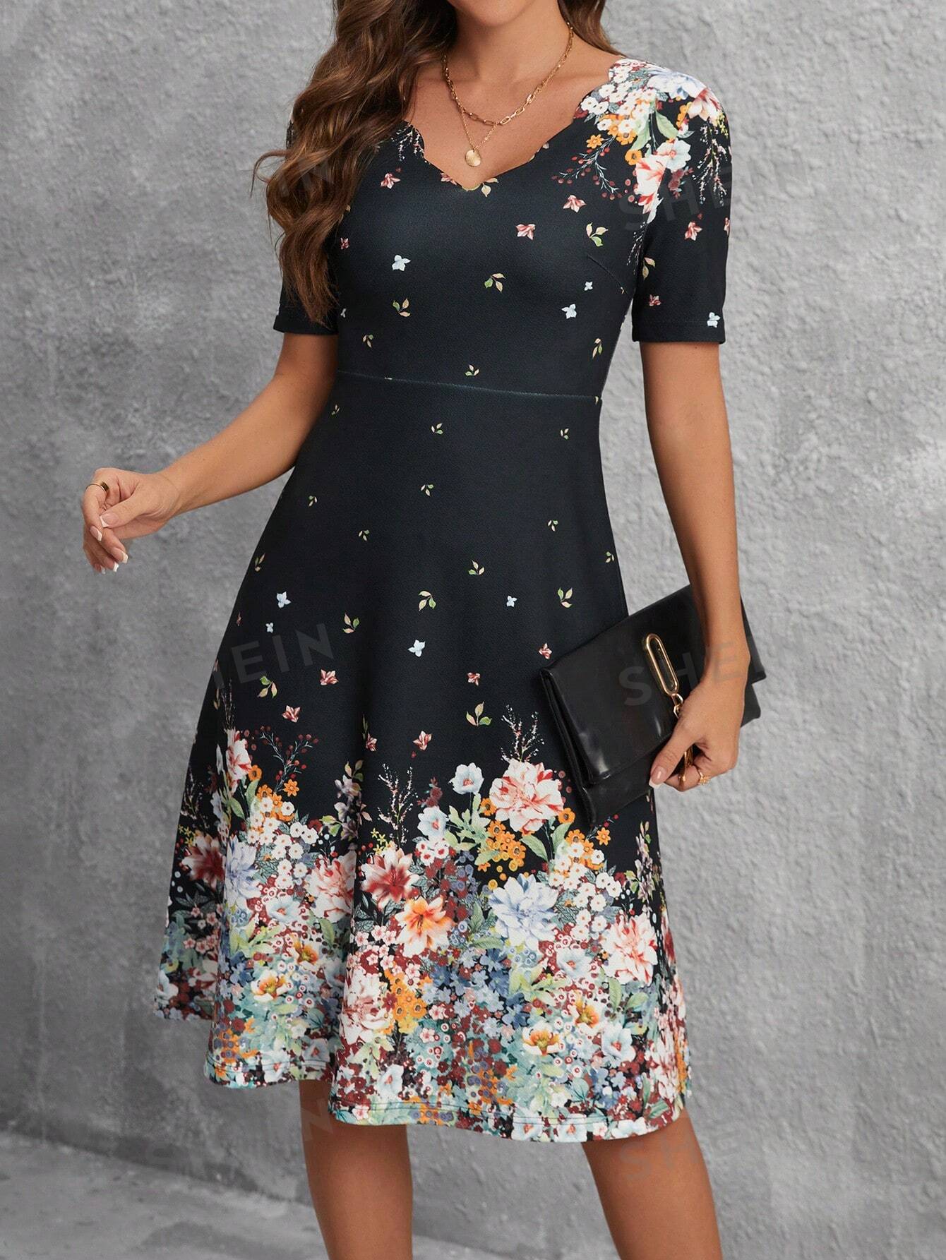SHEIN Clasi Женское платье миди с v-образным вырезом и короткими рукавами с цветочным принтом, черный