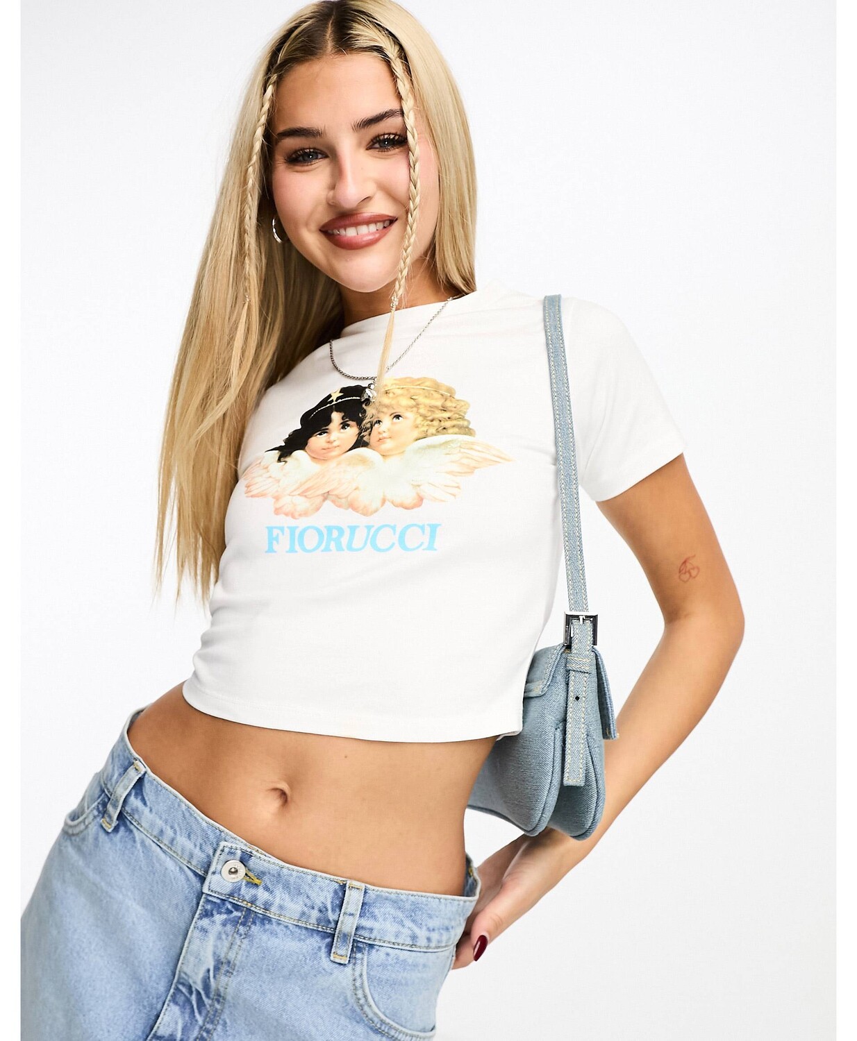 

Белая укороченная футболка для малышей с логотипом ангелов Fiorucci