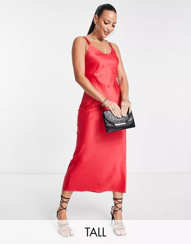 

Красное атласное платье миди с воротником-хомутом River Island