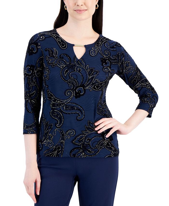 

Жаккардовый топ с блестками пейсли Petite JM Collection, синий