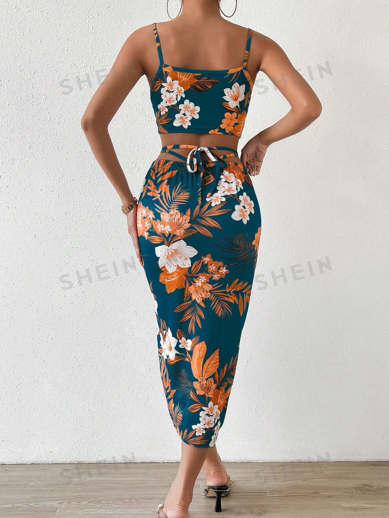 SHEIN Privé Топ-комбинация с V-образным вырезом и завязкой на спине с цветочным принтом и плиссированная юбка-миди с высоким разрезом, темно-синий цена и фото